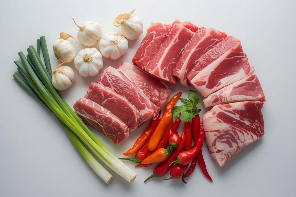 Overhead flat lay of raw Korean BBQ ingredients: cuts of red meat, fresh green scallions, whole garlic cloves, and bright red and orange chili peppers.