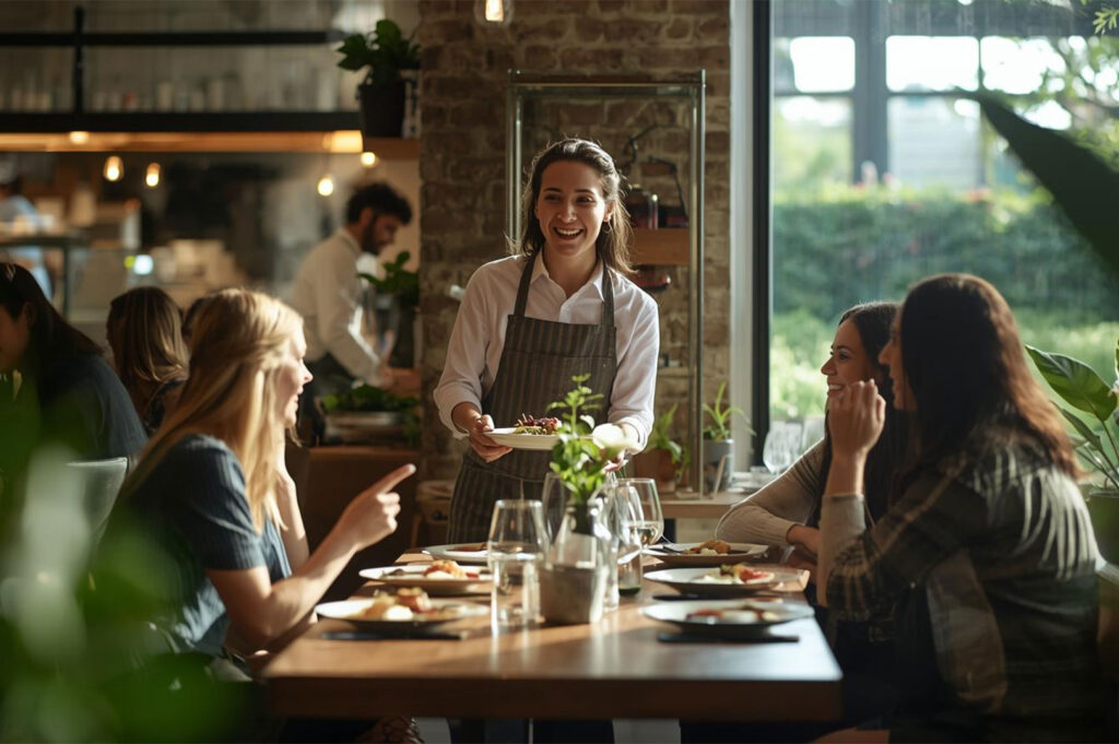 Waitress in an apron smiling while serving a plated meal to a table of three laughing women in a warmly lit, brick-walled restaurant.