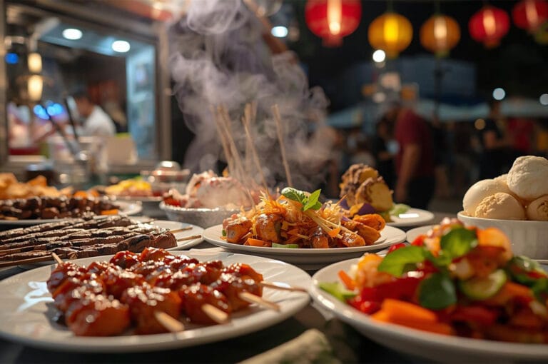 A vibrant display of various Asian street food dishes at a night market, including glazed skewers (likely satay or yakitori), stir-fry, and fresh vegetables, with steam rising and festive red lanterns blurred in the background.