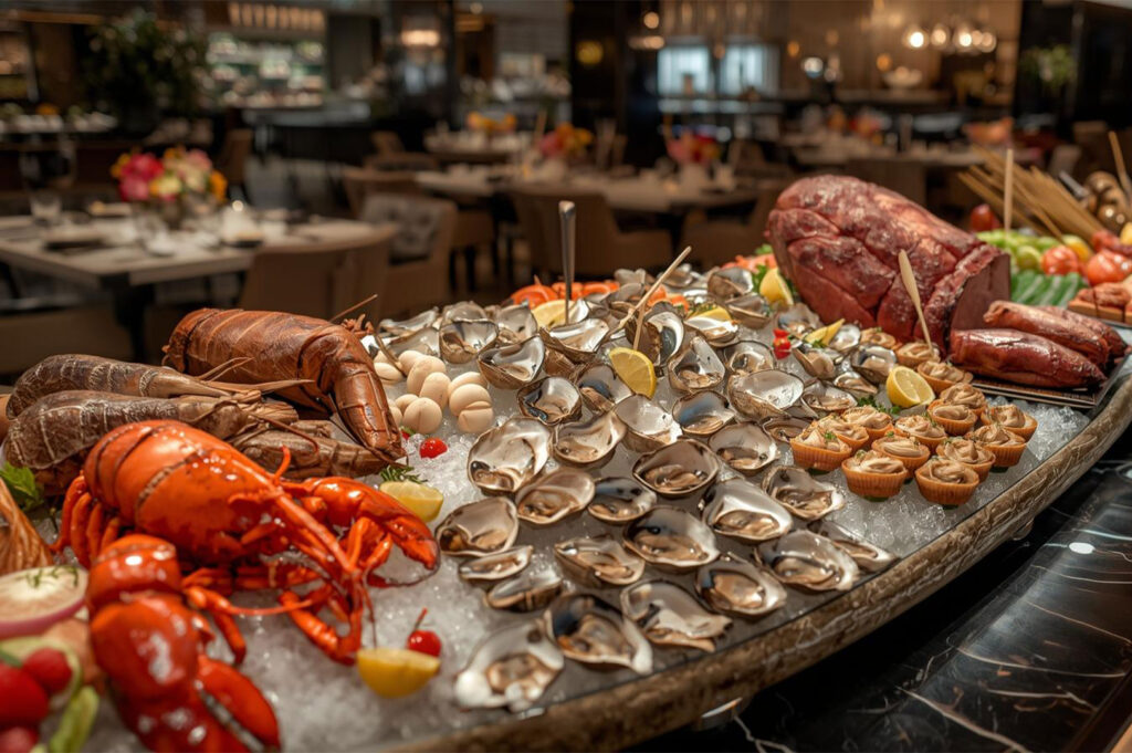 A luxurious seafood buffet spread featuring whole cooked lobsters, an abundance of fresh clams on ice, and various meat carvings, set in a fine dining restaurant.