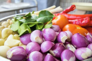 Close-up of fresh, vibrant Malay and Indonesian cooking ingredients: purple shallots, peeled garlic cloves, bright green kaffir lime leaves, lemongrass stalks, red chili peppers, and orange tomatoes.