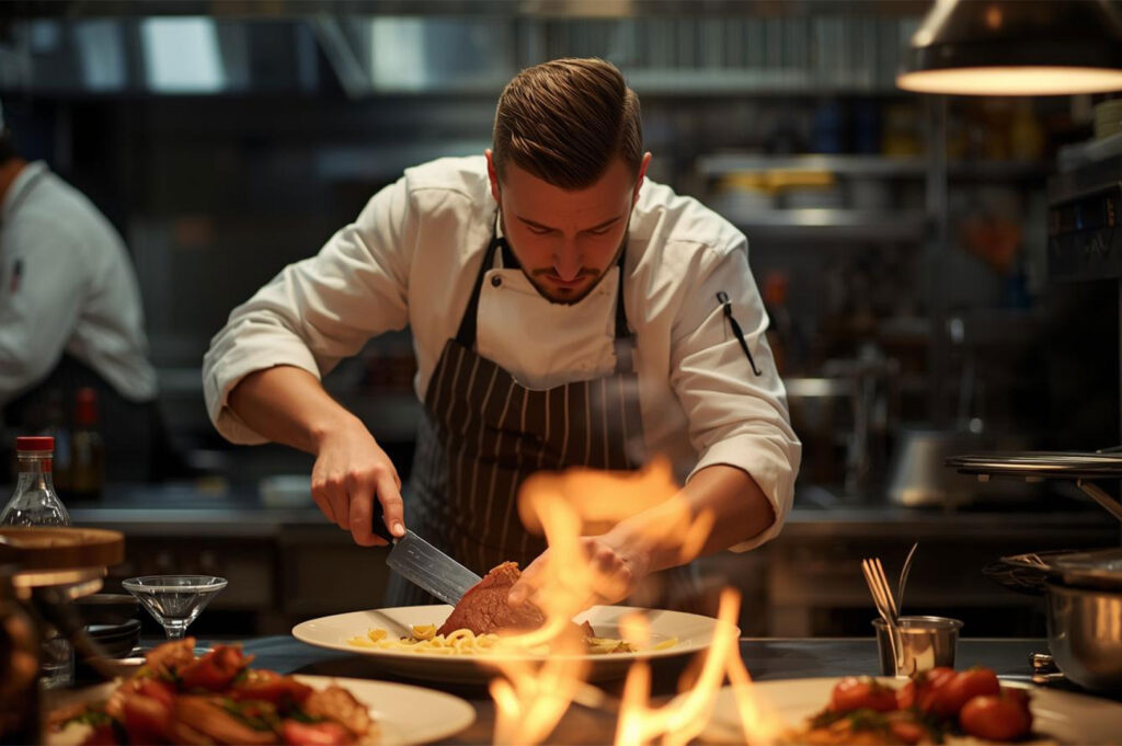 A chef in a white uniform preparing a dish in a professional kitchen, searing a piece of steak with a culinary flame visible in the foreground.