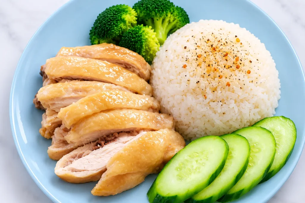 Hainanese chicken rice with poached chicken, steamed rice, cucumber and broccoli on blue plate