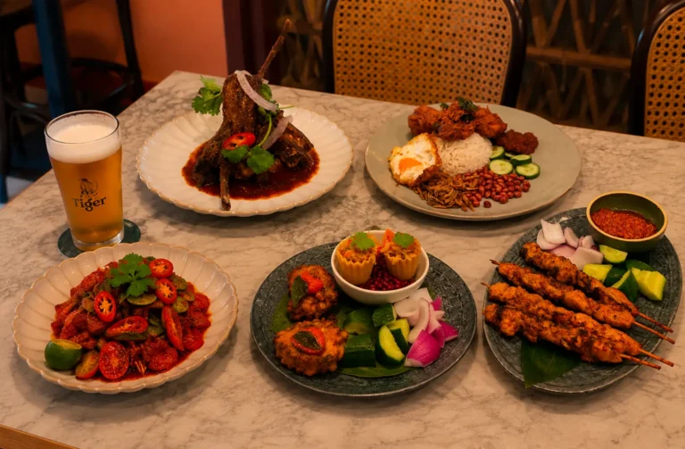 A table filled with Malay dishes like satay, nasi lemak, lamb chops, and sambal with a glass of beer