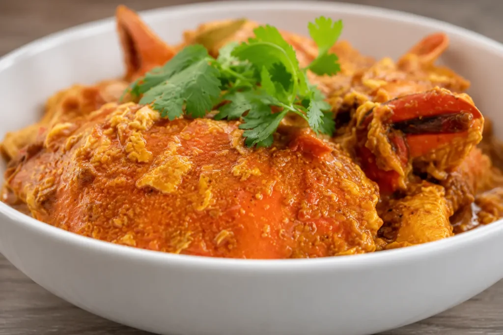 Chili crab with rich tomato-based sauce and fresh cilantro garnish in white bowl