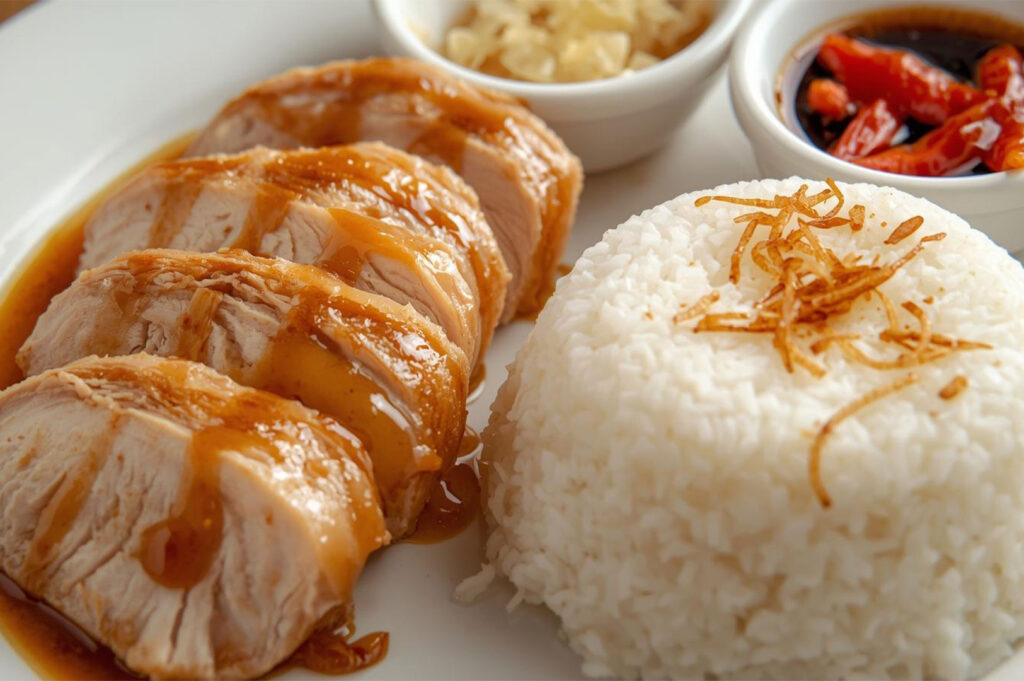 Close-up of sliced braised chicken breast topped with a rich brown sauce, served next to a dome of fragrant white rice garnished with crispy fried shallots, with chili oil and ginger sauce in the background.