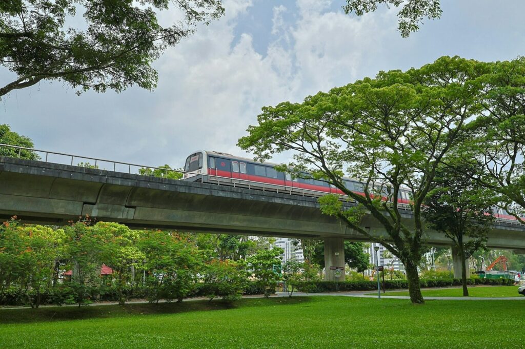 A train travels over a bridge, offering a view of a park beneath, highlighting Singapore's blend of nature and infrastructure.