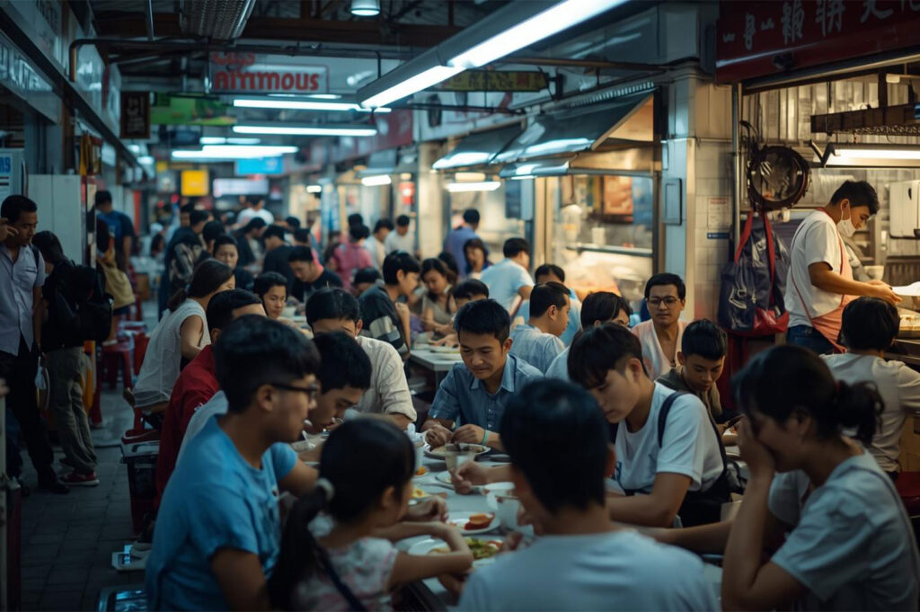 A wide shot of a busy, indoor Asian food court or night market, with many patrons seated at tables eating and vendors working at brightly lit stalls in the background.