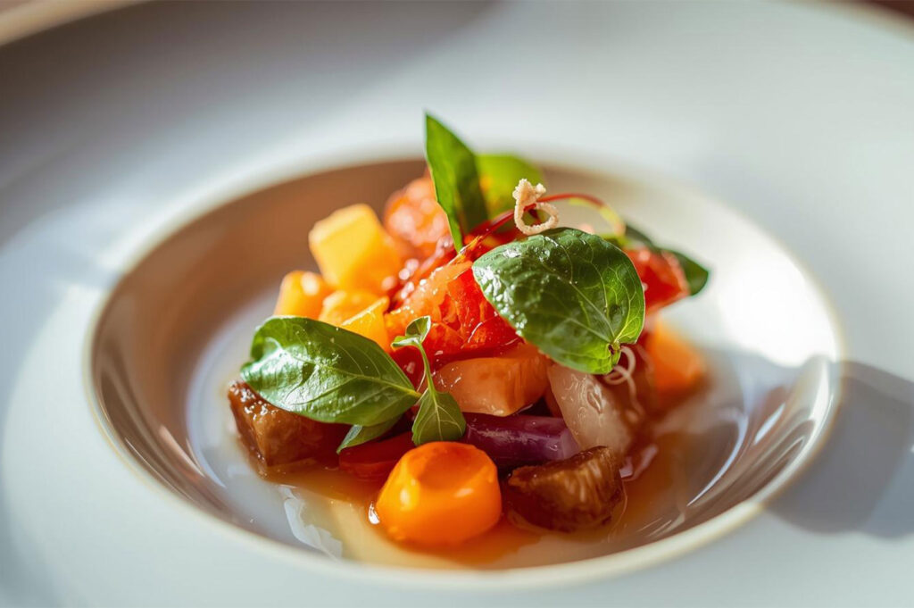 A close-up of a brightly colored, creative small plate dish featuring diced fruits, vegetables, and greens in a light sauce, served in a wide, white bowl.