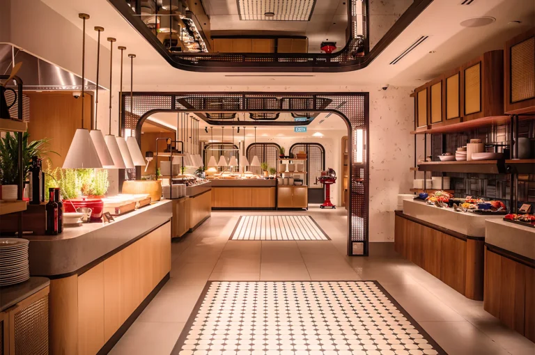 Contemporary buffet restaurant with sleek wooden counters, pendant lights, patterned tile flooring, and stylish food presentation areas.