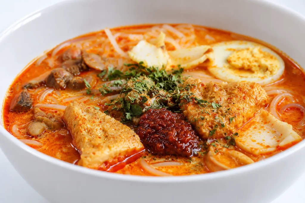 Laksa noodle soup with coconut curry broth, egg, tofu, and fresh herbs in white bowl