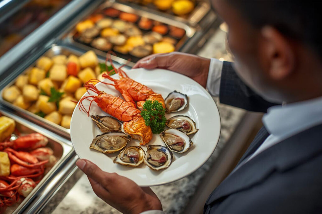 A man in a suit holding a white plate with two cooked lobster tails and six fresh shucked oysters, selecting food from a hot buffet line.
