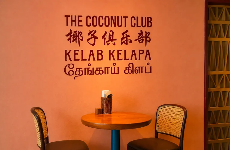 The Coconut Club wall signage in English, Chinese, Malay, and Tamil above a small table