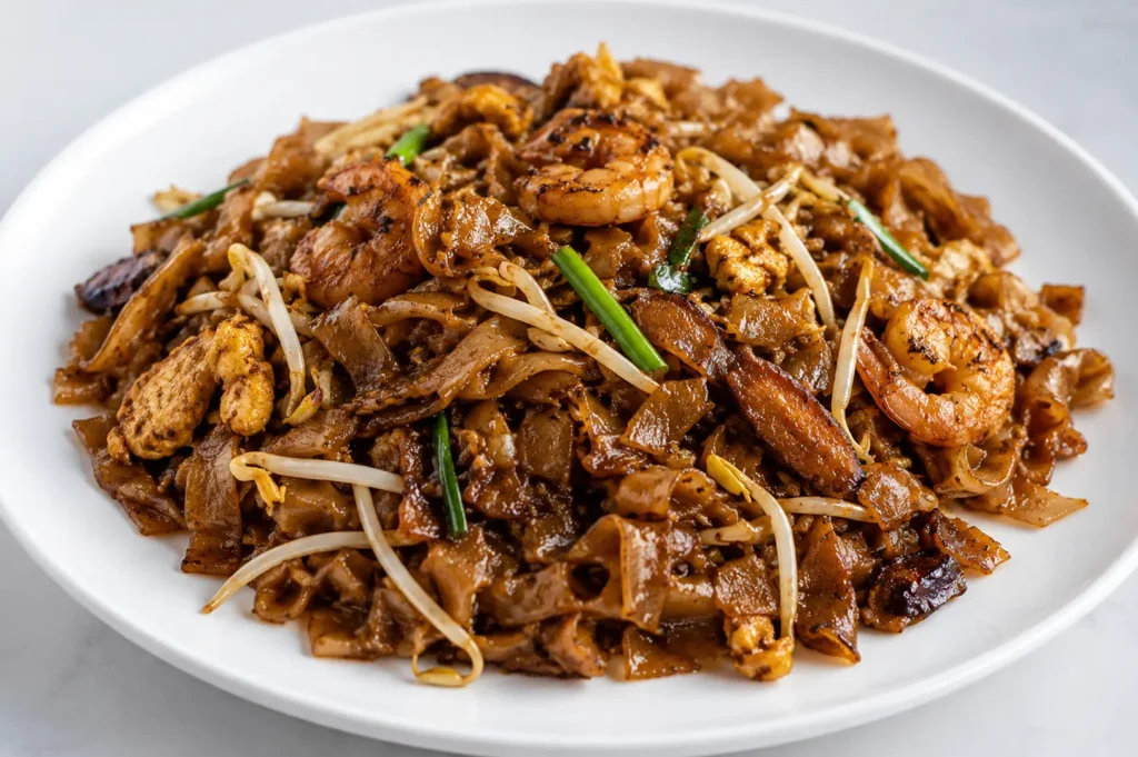 Char Kway Teow stir-fried flat rice noodles with shrimp, bean sprouts, and green onions on white plate