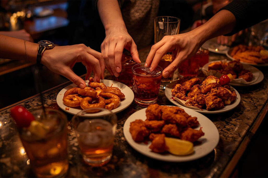 Hands reaching across a marble bar counter to grab deep-fried chicken bites and soft pretzels from small white plates, sharing drinks and snacks.