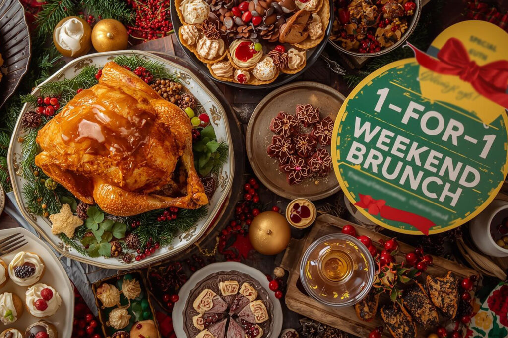 An overhead shot of a festive holiday feast, including a whole roasted chicken, various small pastries, chocolate tarts, and a sign advertising a "1-FOR-1 WEEKEND BRUNCH" deal.