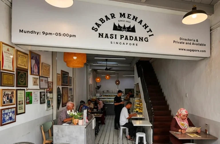 Sabar Menanti Nasi Padang restaurant interior showing the sign and customers dining