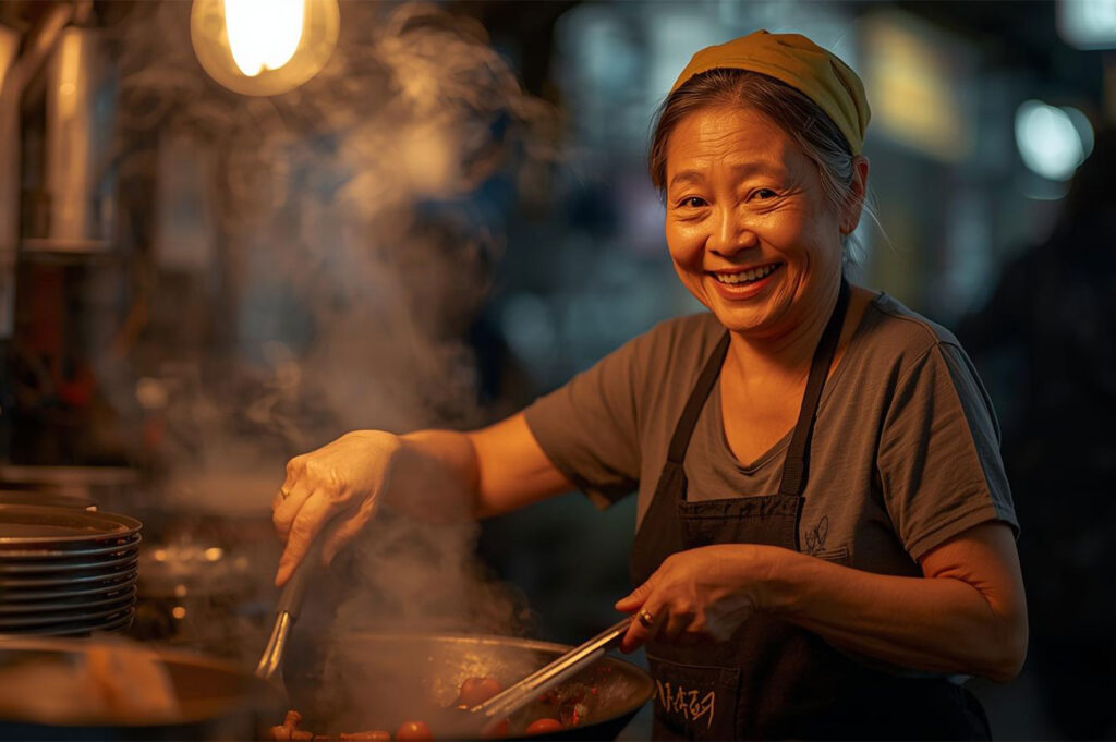 A close-up portrait of a smiling female Asian street food vendor wearing an apron and headscarf, actively stir-frying a dish in a wok over a high heat in a dimly lit setting.