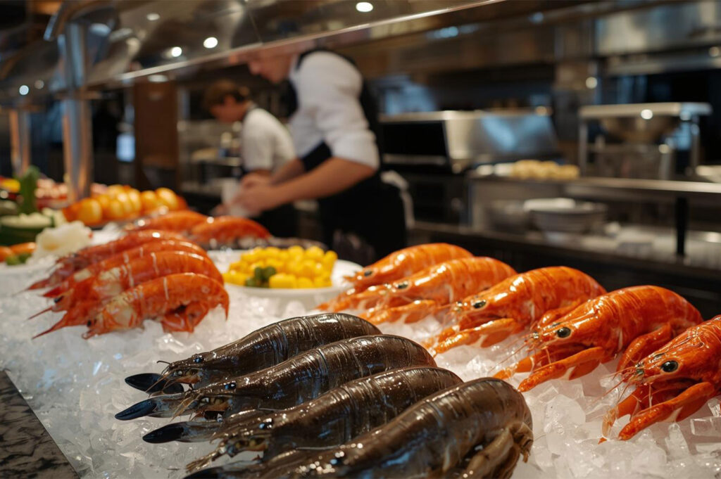 A close-up of a chilled seafood platter featuring rows of fresh black and cooked orange lobsters presented on a bed of crushed ice at a restaurant buffet.