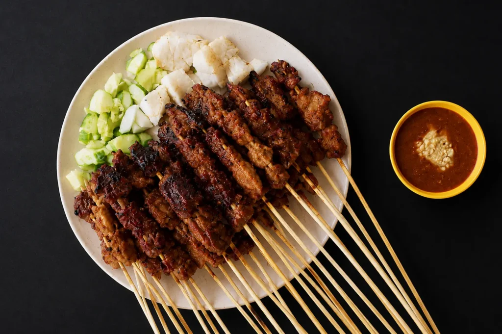 Grilled satay skewers served with cucumber, rice cakes, and peanut dipping sauce on white plate