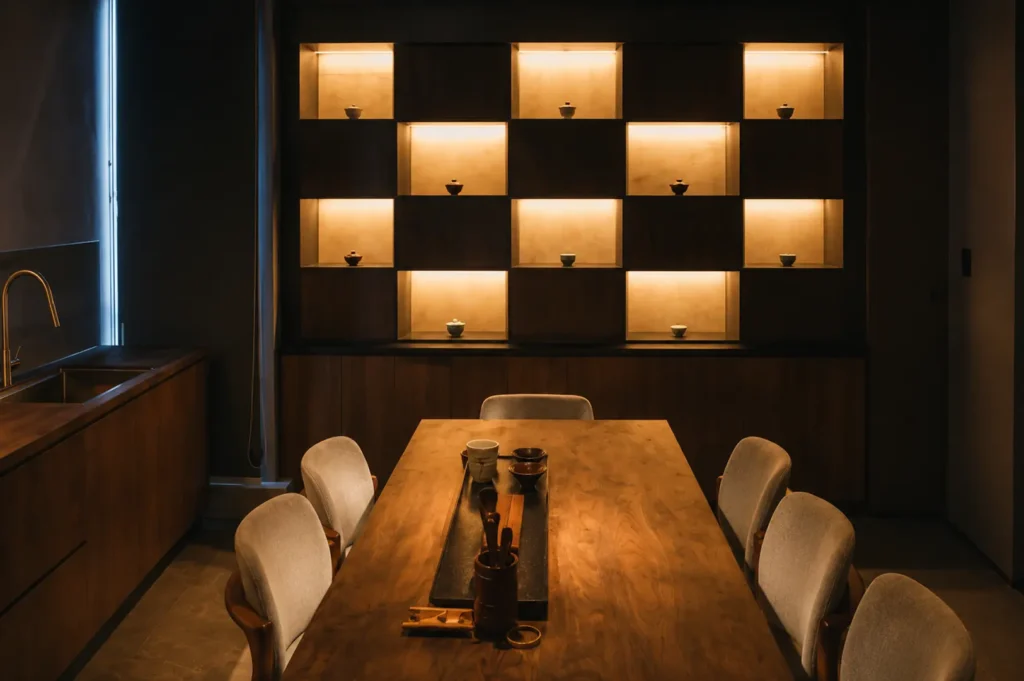 Elegant tea room with illuminated wall display of tea bowls and wooden table set for traditional tea service