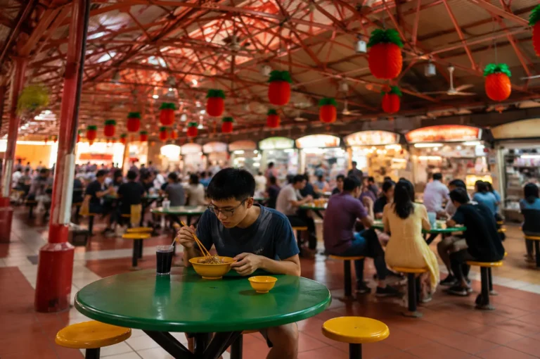Man dining at a green table under a red roof with hanging pineapple lanterns
