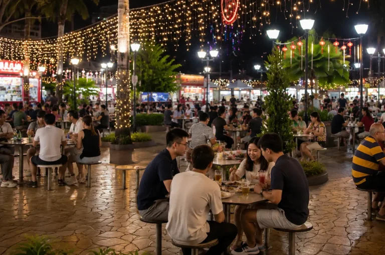 Night view of Newton Food Centre with diners under festive lights