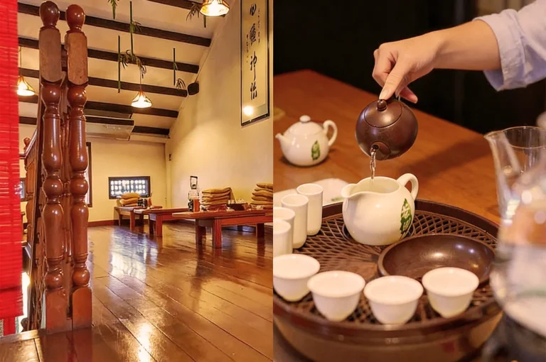 A warm, inviting teahouse interior with wooden floors and low tables on the left. On the right, a hand pours tea from a pot into cups, evoking calmness.