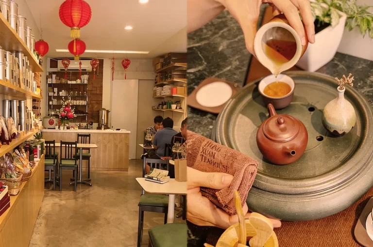 Cozy tea house with red lanterns and a shelf of tins. People sit at tables. Close-up of tea being poured into a cup from a clay pot with a calm ambiance.