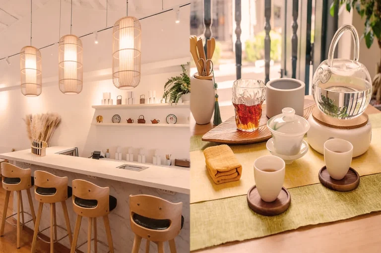 Chic tea room with wooden chairs and pendant lights on the left. On the right, a cozy tea setup with cups, teapot, and a colorful drink on a sunny table.