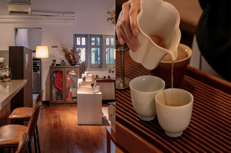 Cozy cafe interior with wooden floors and modern decor on the left; close-up on the right shows tea being poured into two white cups, evoking warmth.