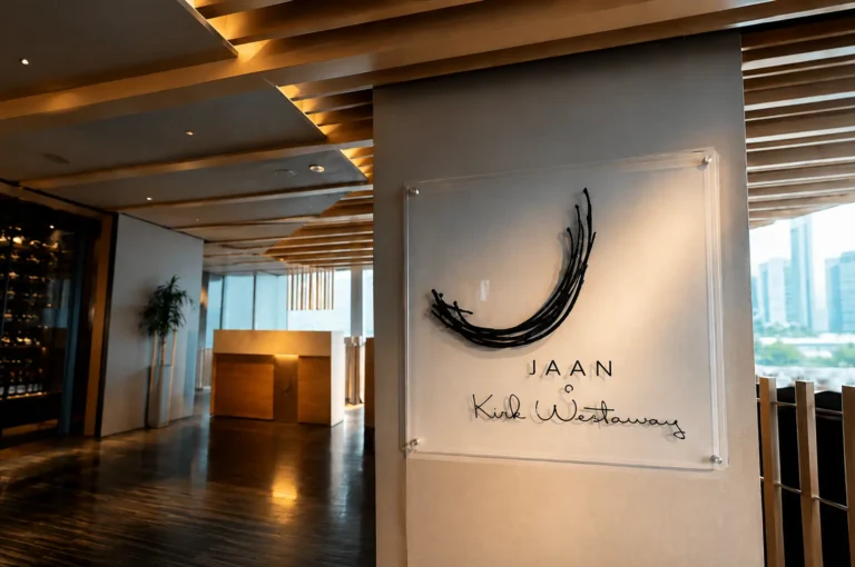 JAAN by Kirk Westaway restaurant sign in a modern lobby setting