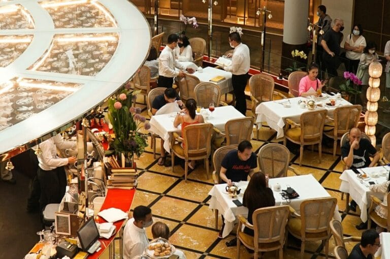 Luxurious dining area, showcasing fine dining elements with a Singaporean influence.