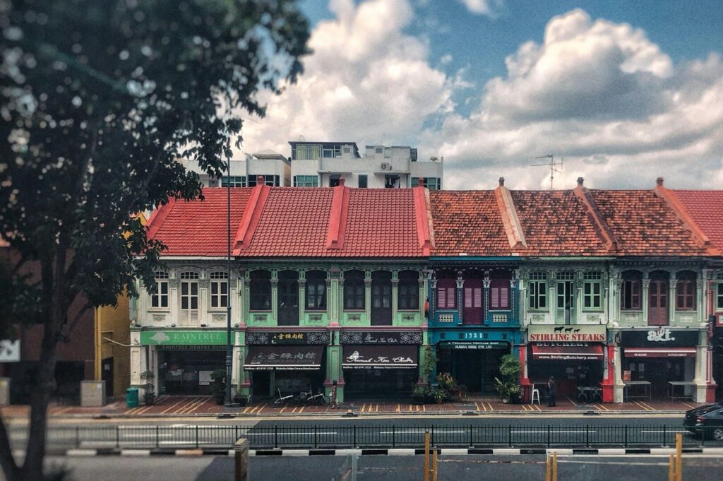 A view of Joo Chiat Road in Singapore featuring several buildings and a parked car along the street.