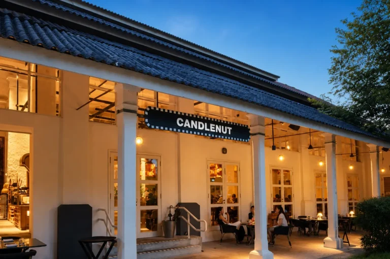 Exterior of Candlenut restaurant showing a white colonial building with warm evening lighting