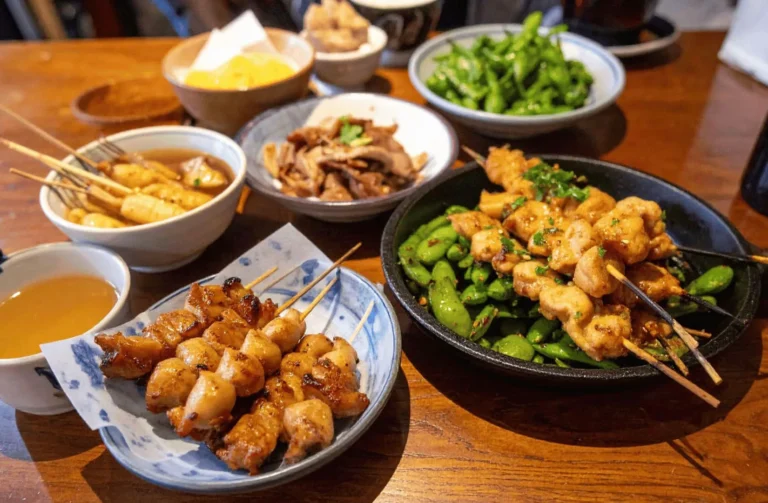 An assortment of food items displayed on a table, representing the culinary offerings of Singapore Izakaya.