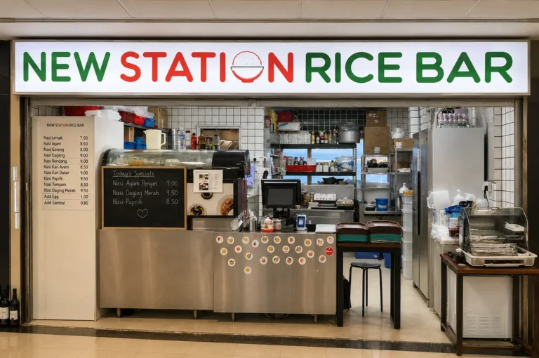 New Station Rice Bar storefront with menu board listing nasi dishes and open kitchen counter