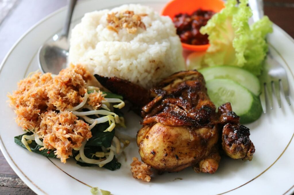 Plate of Indonesian cuisine featuring grilled chicken, steamed rice topped with crispy shallots, bean sprouts with coconut, cucumber, and sambal chili sauce.