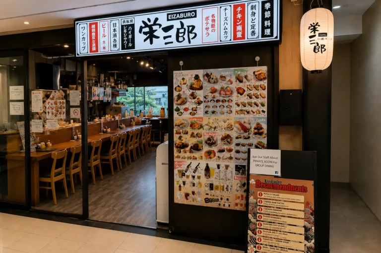 Eizaburo Japanese restaurant storefront with illuminated sign, paper lantern, and large photo menu board