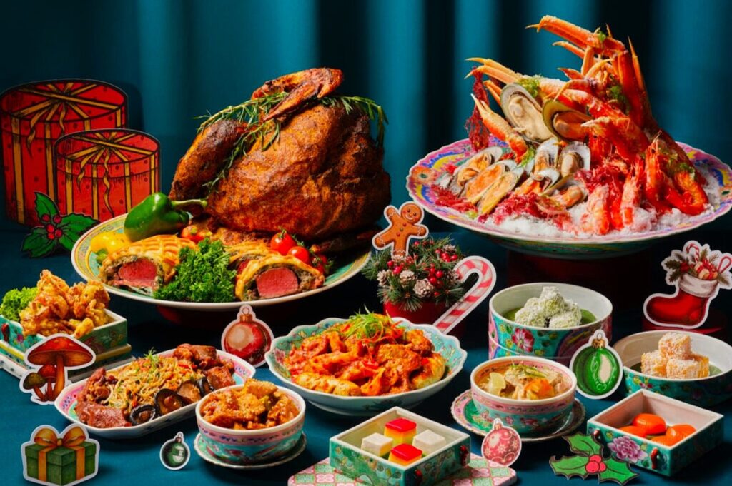 Festive table with a roasted turkey, seafood platter, assorted dishes, and decorated gifts. Vibrant colors convey a joyful holiday feast.