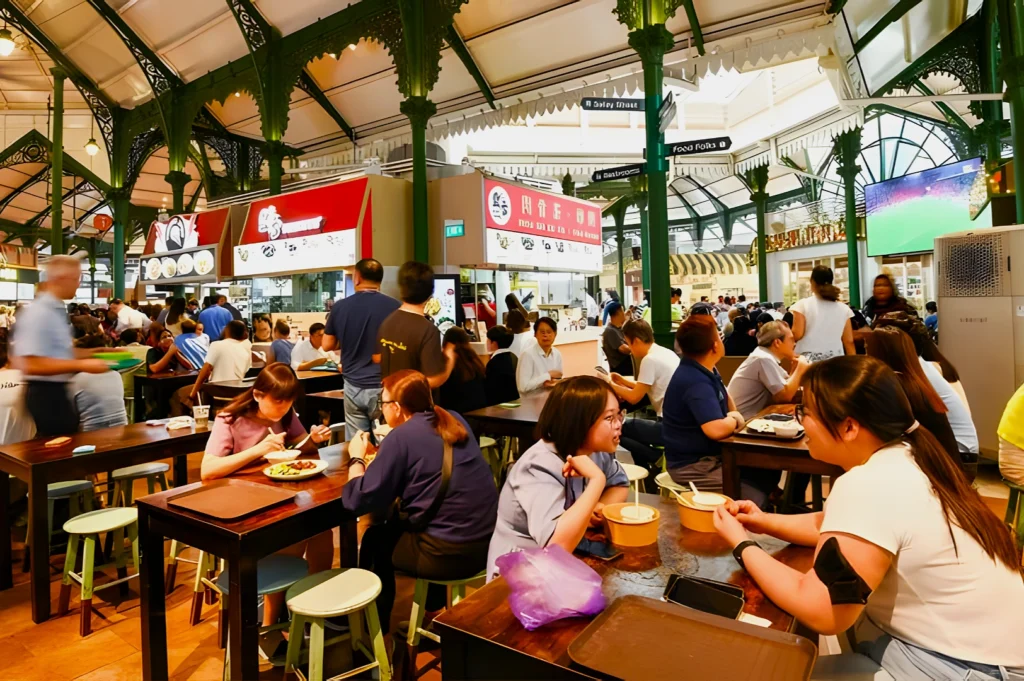 Bustling food court with diverse people dining at long tables under high, ornate ceilings. Bright signs and food stalls create a lively atmosphere.