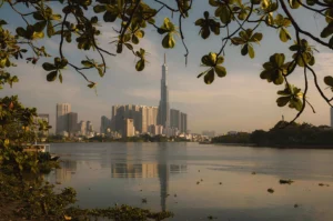 Tall skyscraper and city skyline reflected in a calm river at sunset. Framed by green leaves, the scene conveys tranquility and urban beauty.