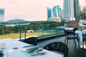Rooftop terrace with tables set for dining, offering a panoramic view of a city's skyline. Green space and a large, modern building are visible. Calm and inviting ambiance.
