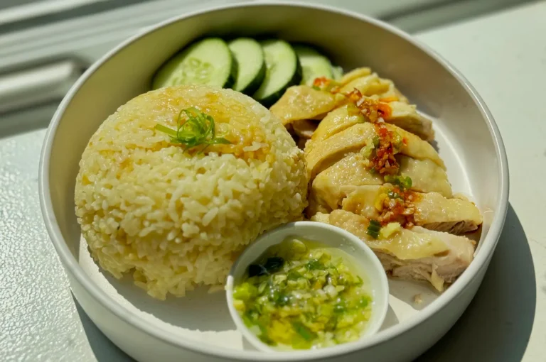 A delicious plate of Hainanese chicken rice, featuring sliced poached chicken, a mound of fragrant rice, cucumber slices, and a small bowl of green sauce.