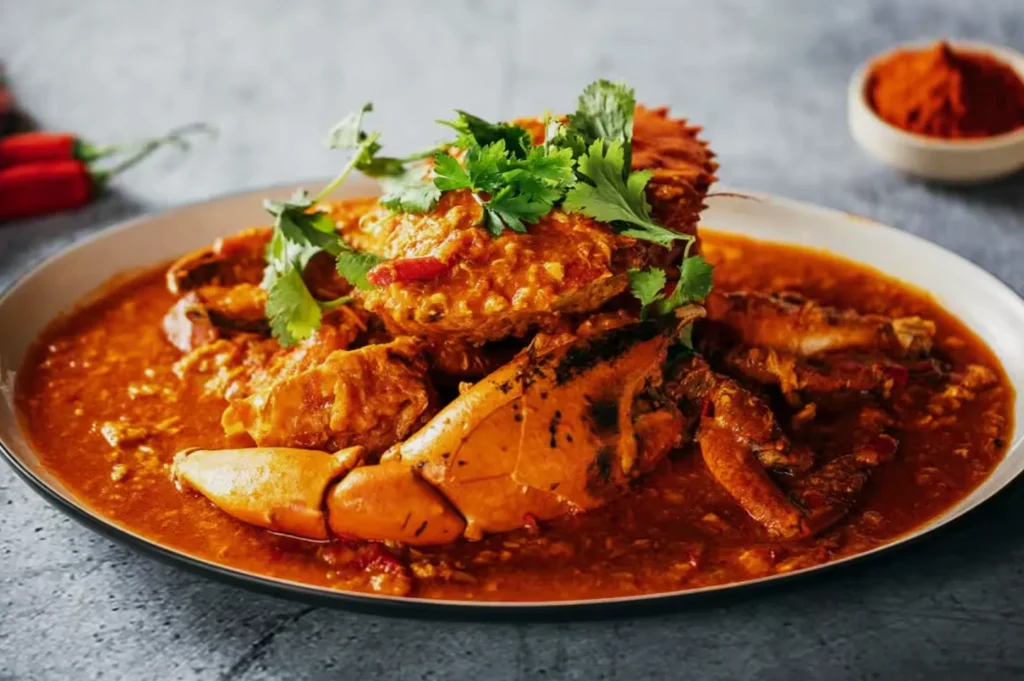 Spicy chili crab dish on a plate, topped with fresh cilantro. The bright red sauce glistens, conveying a rich, savory, and aromatic meal.