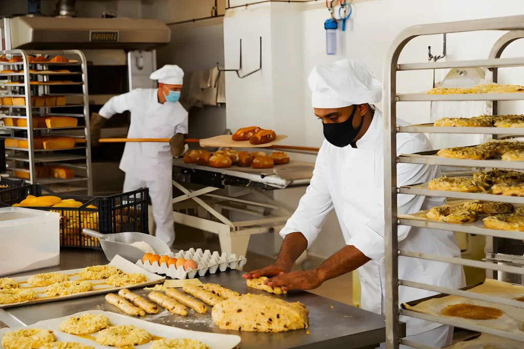 Two bakers in a commercial kitchen prepare bread. One shapes dough on a table, while another uses a peel to place loaves in an oven. The setting is busy and focused.