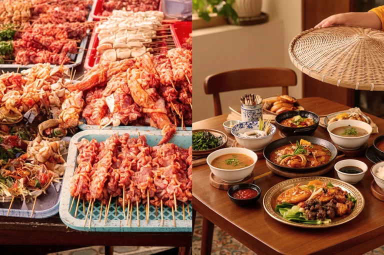 A vibrant street food market with skewered meat on the left, and a cozy dining table on the right, featuring diverse Vietnamese dishes and a woven cloche.
