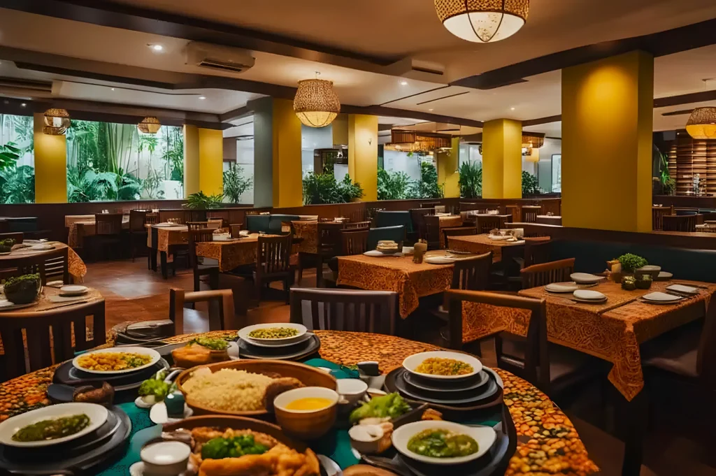 A cozy restaurant with warm lighting has tables covered in patterned cloths. A central table is filled with various dishes, creating a welcoming atmosphere.