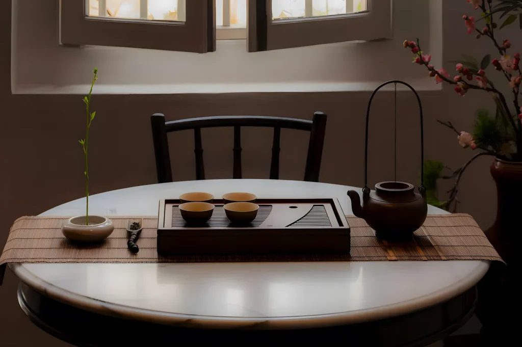 A serene tea setup on a round table with a bamboo mat, featuring a teapot, cups, and a tray. A small plant and cherry blossom branch add tranquility.