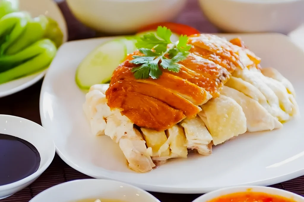 Sliced roasted chicken garnished with cilantro sits on a white plate with cucumber slices. Soy sauce and chili sauce are in small bowls nearby.